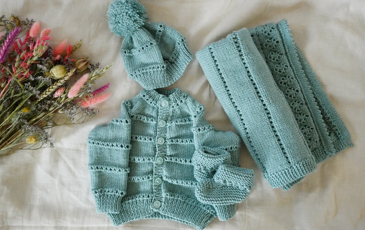 Product: Hand Knitted Baby Blanket Cardigan Hat and Bootees Set - Green