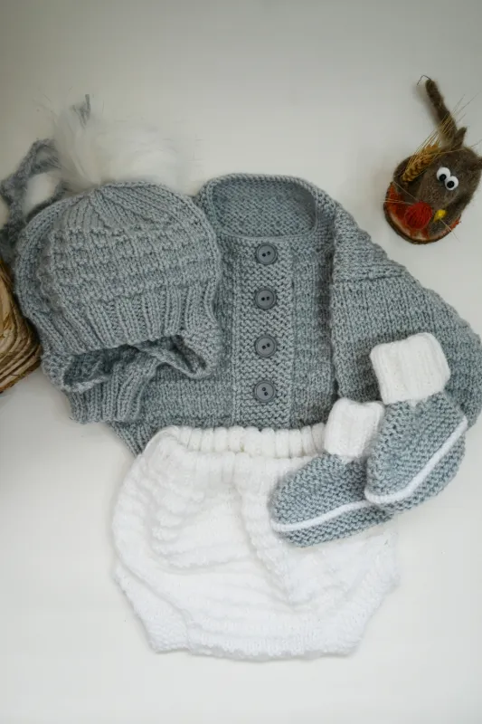 Product: Hand-Knitted Baby Set - Grey & White (0-3 months)