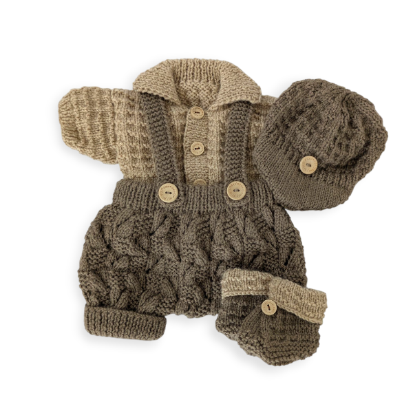 Hand Knitted Beige & Cream Dungarees, Cardigan, Hat and Bootees Set 0-3m