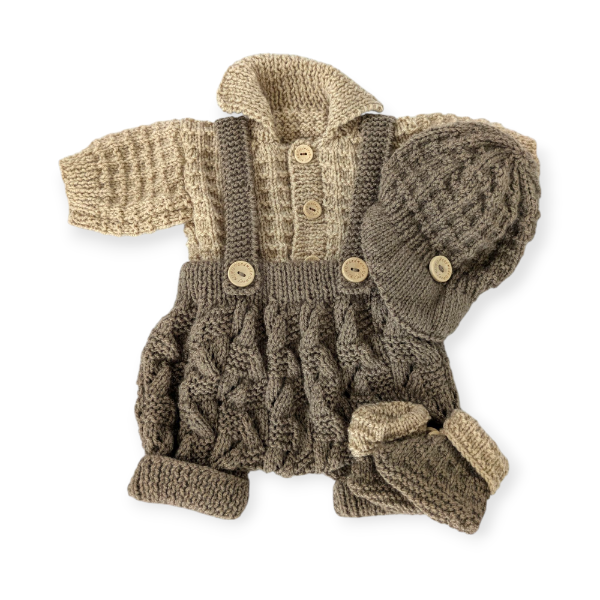 Hand Knitted Beige & Cream Dungarees, Cardigan, Hat and Bootees Set 3-6m