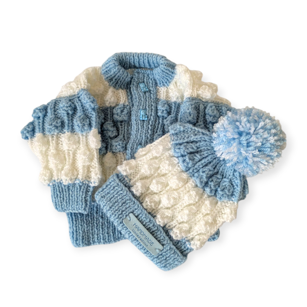 Hand Knitted Blue and White Cardigan with Hat 0-3m
