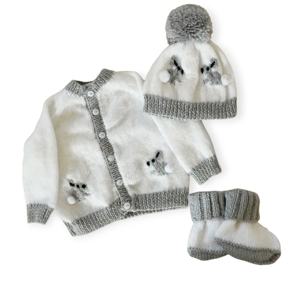 Product: Hand Knitted Bunny Rabbit Baby Cardigan Hat and Bootees Set - White