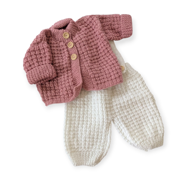 Hand Knitted Dark Pink and White 0-3 Month Set