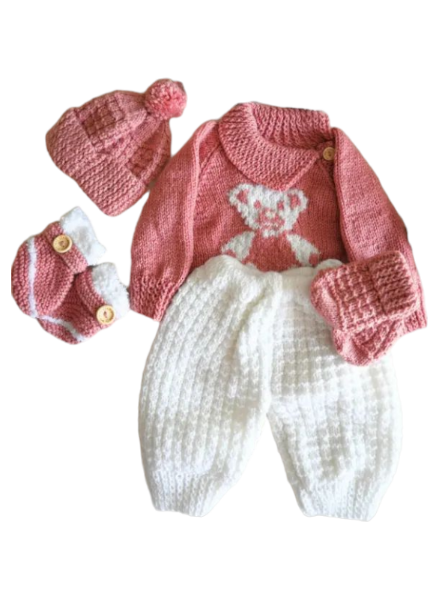 Product: Hand Knitted Dark Pink and White "Bear" 0-3 Month Set