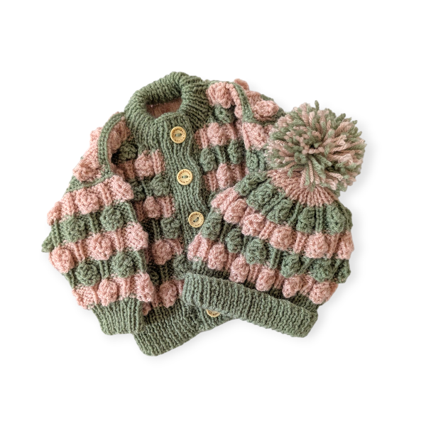 Hand Knitted Green and Pink Cardigan with Hat 0-3m