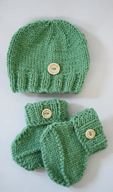 Product: Hand Knitted Green Baby Beanie and Bootees 0-3m