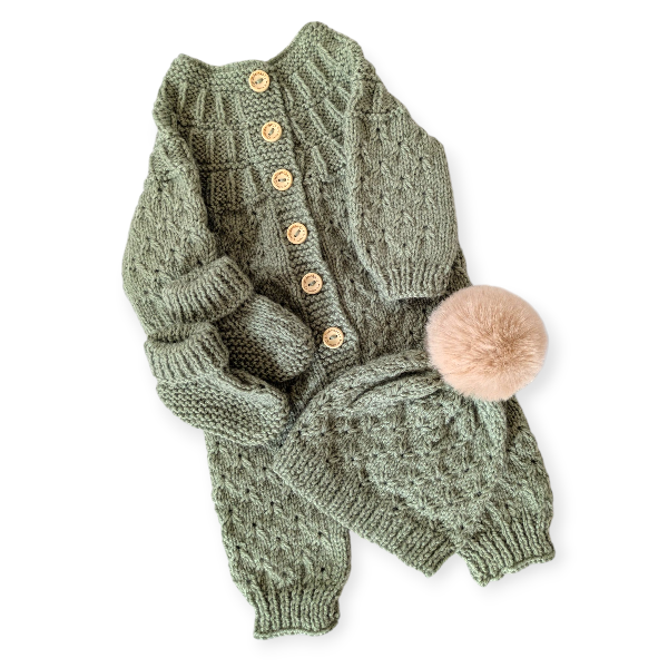 Hand Knitted Green Romper with Hat and Bootees 0-3m