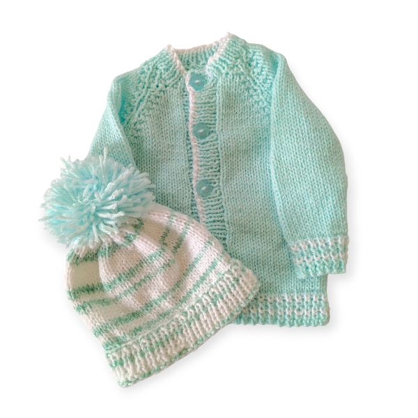 Hand Knitted Green with White Set 0-3m