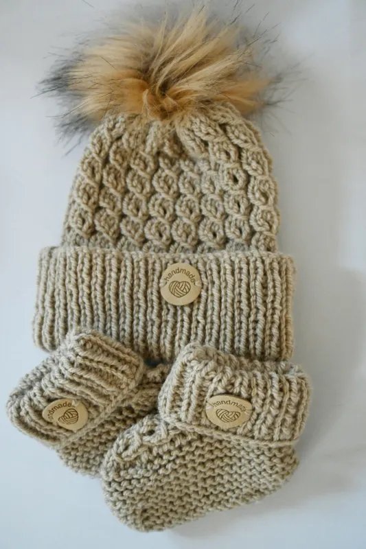 Hand Knitted Grey Bobble Hat and Bootees - 3-9m