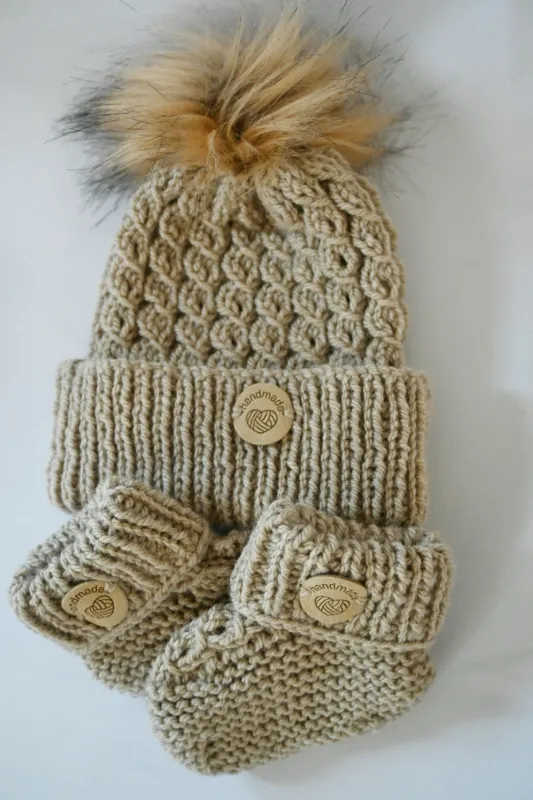 Product: Hand Knitted Grey Bobble Hat and Bootees - 3-9m