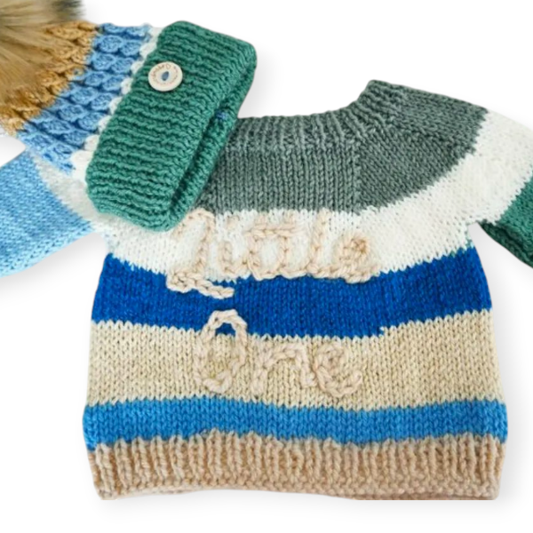 Product: Hand Knitted Jumper and Bobble Hat - 0-3m