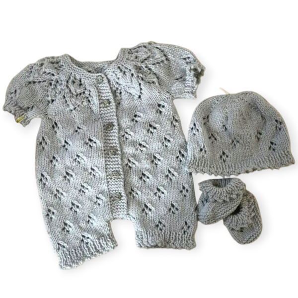 Product: Hand Knitted Light Grey Romper Suit with Hat and Bootees 0-3 Months