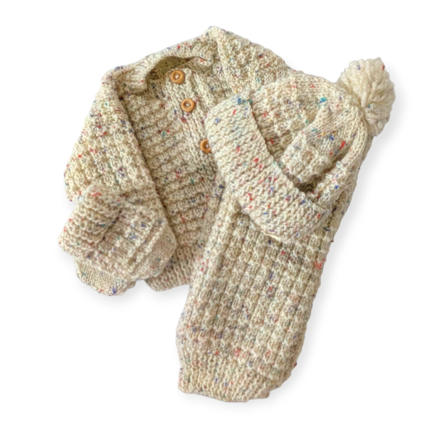 Hand Knitted Natural 0-3 Month Hat, Cardigan & Dungarees