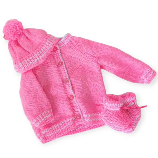 Hand Knitted Pink with White Set 0-3m
