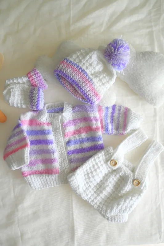 Product: Hand Knitted White, Pink & Purple 0-3 Month Baby Set