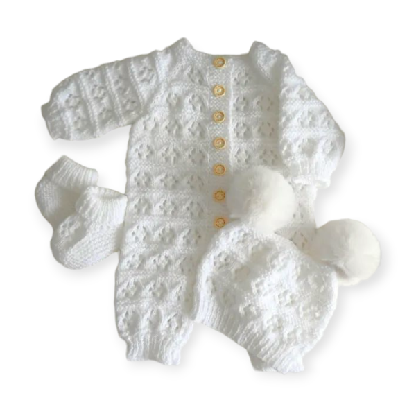 Product: Hand Knitted White Romper with Hat and Bootees 0-3m