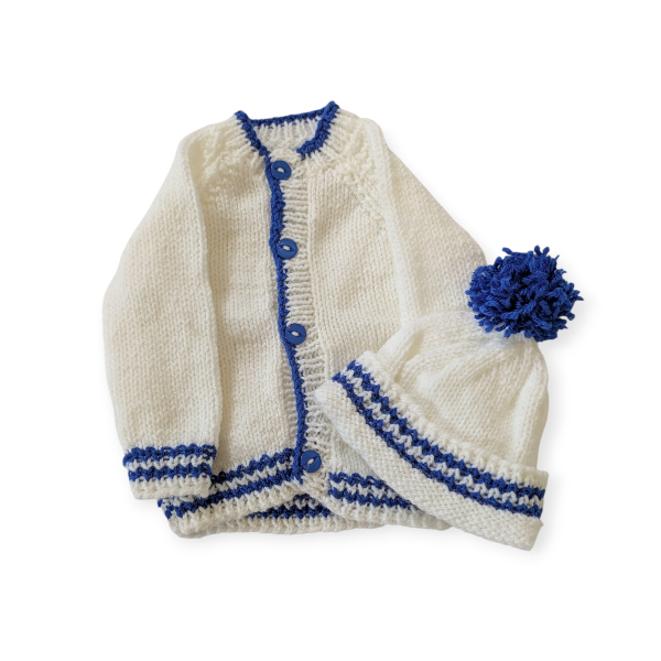 Hand Knitted White with Blue Set 0-3m