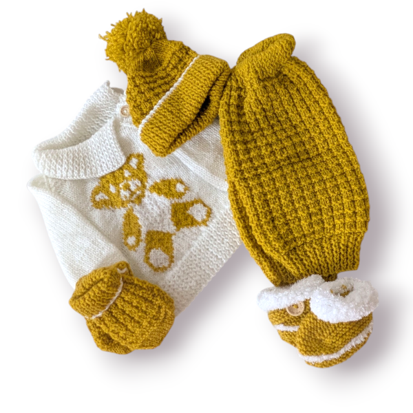 Hand Knitted White & Yellow "Bear" 0-3 Month Set