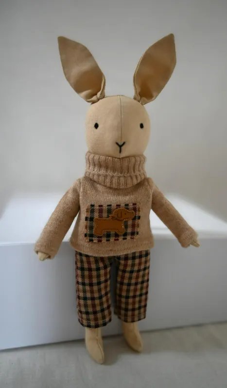 Handcrafted Bunny in Sweater and Plaid Trousers