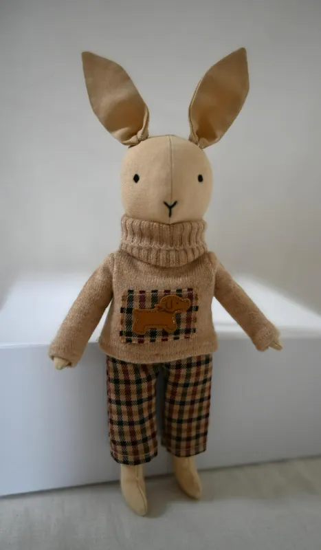 Product: Handcrafted Bunny in Sweater and Plaid Trousers
