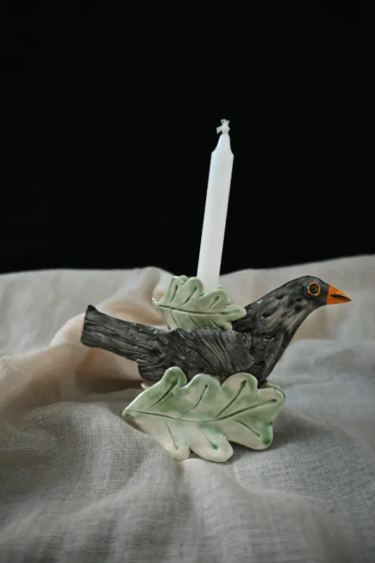 Handmade Blackbird / Leaves Ceramic Candle Holder