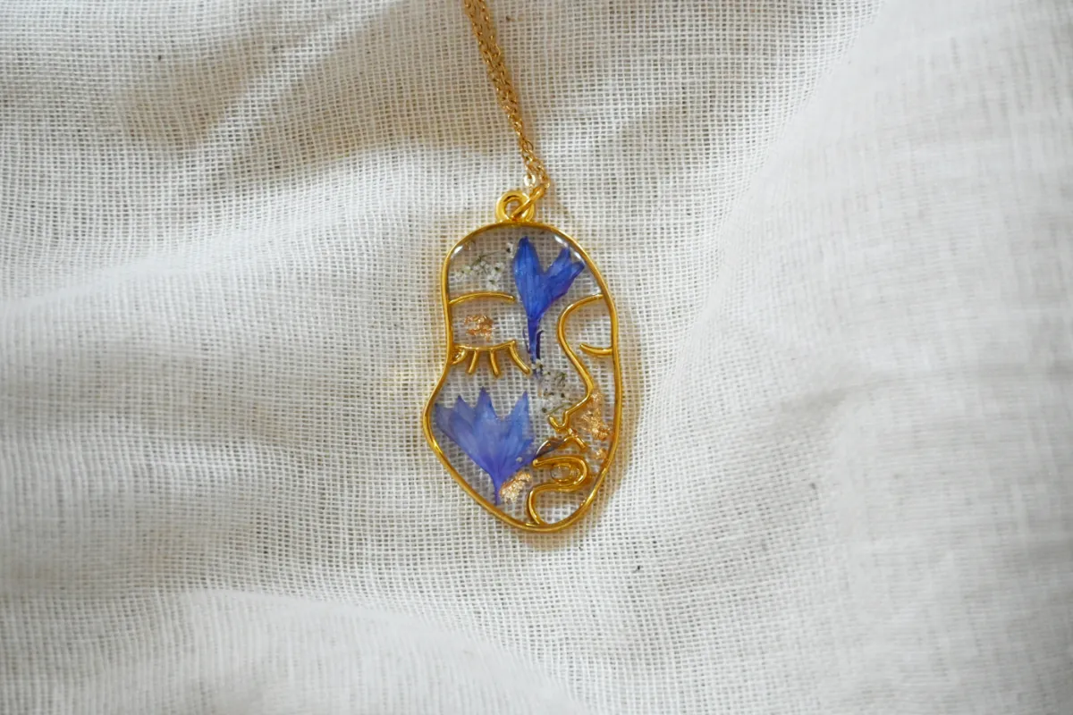 Product: Handmade Blue Larkspur Real Flower Pendant and Necklace