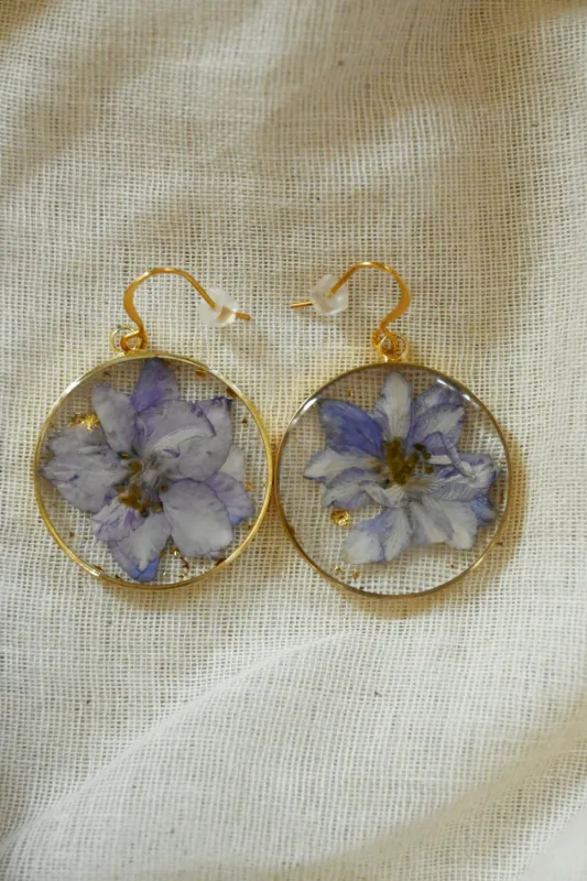 Product: Handmade Purple Larkspur Real Flower Earrings