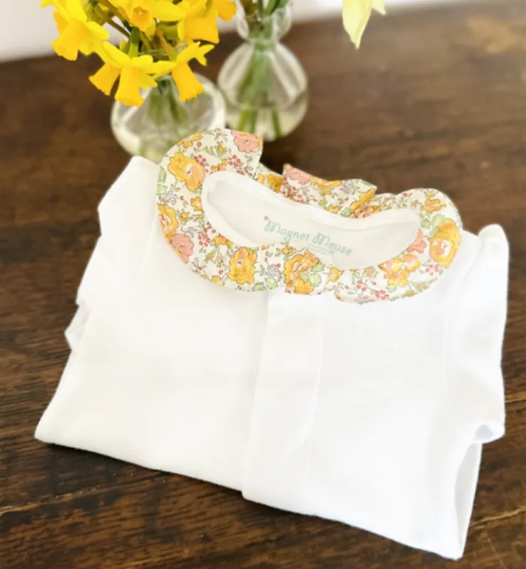 Product: Liberty Felicite Yellow Ruffle Collar Onesie | 6m