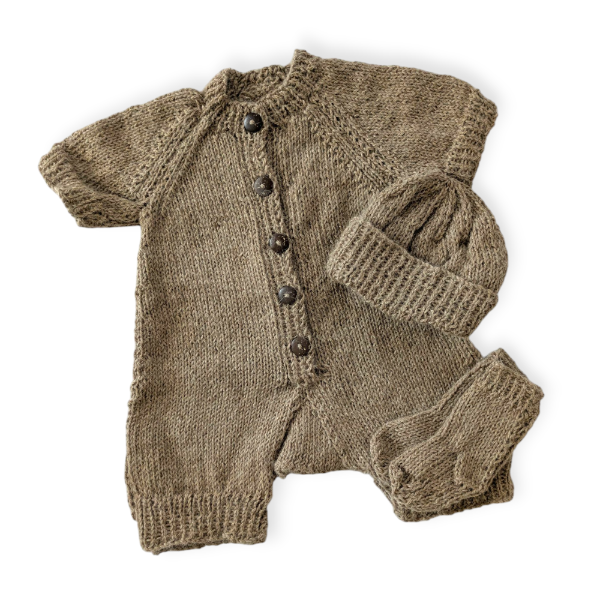 Pure 100% Baby Alpaca New Baby Set with Dungarees, Hat and Bootees in Nougat 0-3m