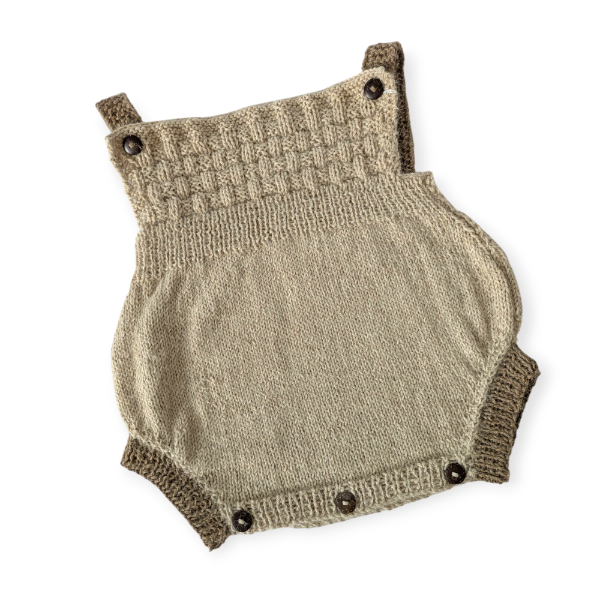 Pure 100% Baby Alpaca Romper in Sand with Nougat Trim 12-18m